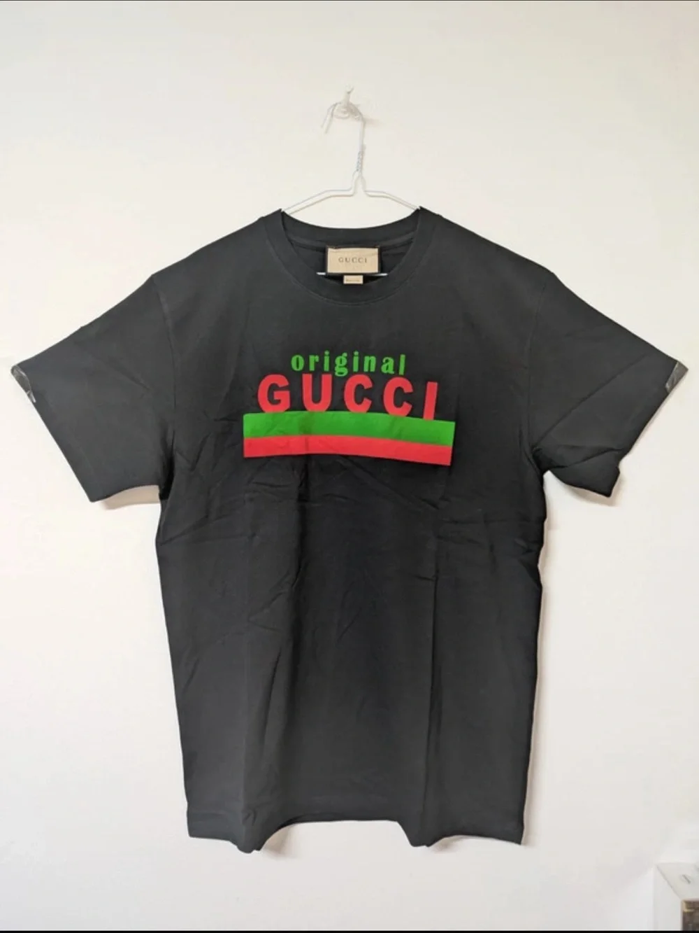 Gucci Black Tee with Red Logo and Green Stripe